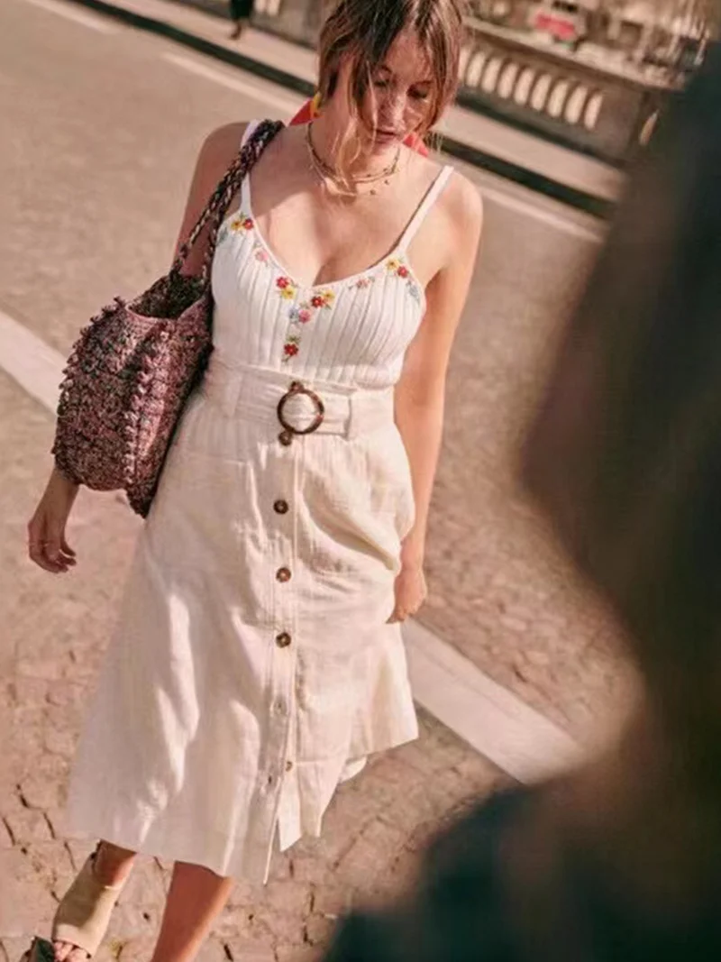 

Embroidered Floral Spaghetti Straps Knitted Suspenders Round Buckle High Waist Half-length Skirt Suit 2022 Summer New