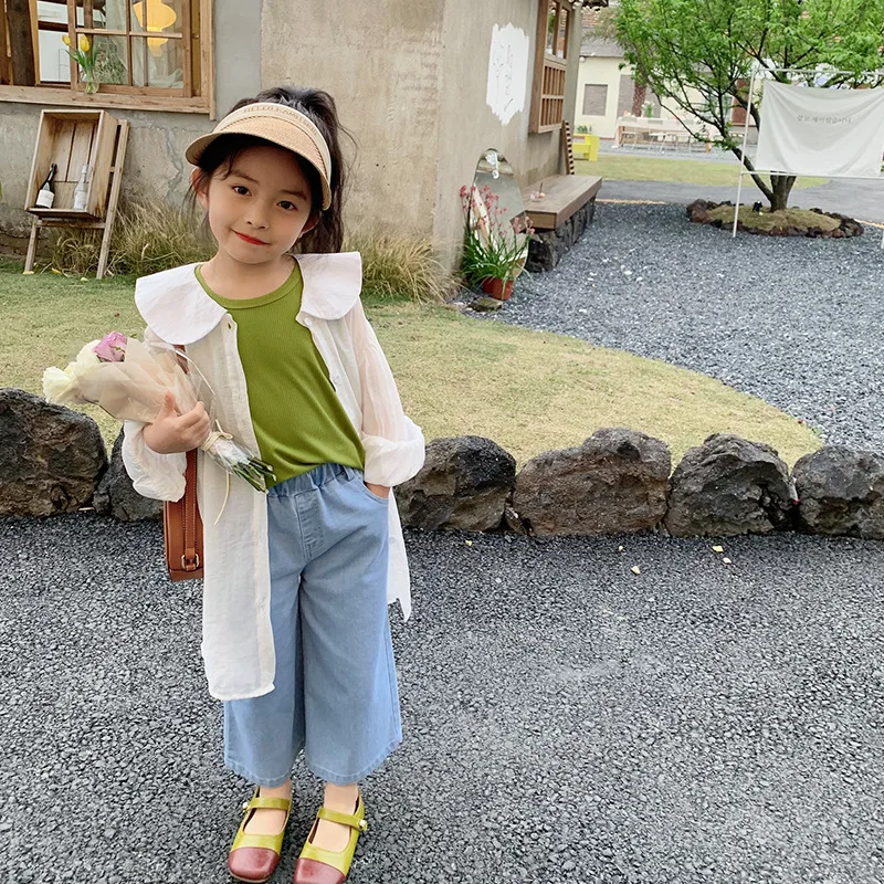 

Рубашки для девочек, рубашка с кондиционированием воздуха, лето 2022 светильник Кая и тонкая однотонная детская Солнцезащитная одежда, детск...