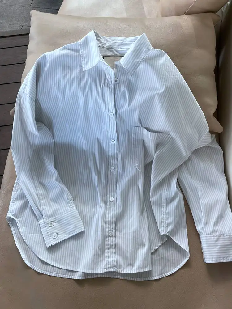 2022 Spring New Long-sleeved Loose Striped Single-breasted Shirt Womens Tops