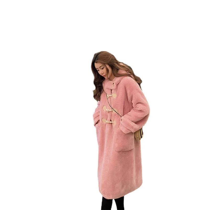 2024 Haining Winter New Bull Horn Пряжка из овечьей шерсти с капюшоном флиса и меха со