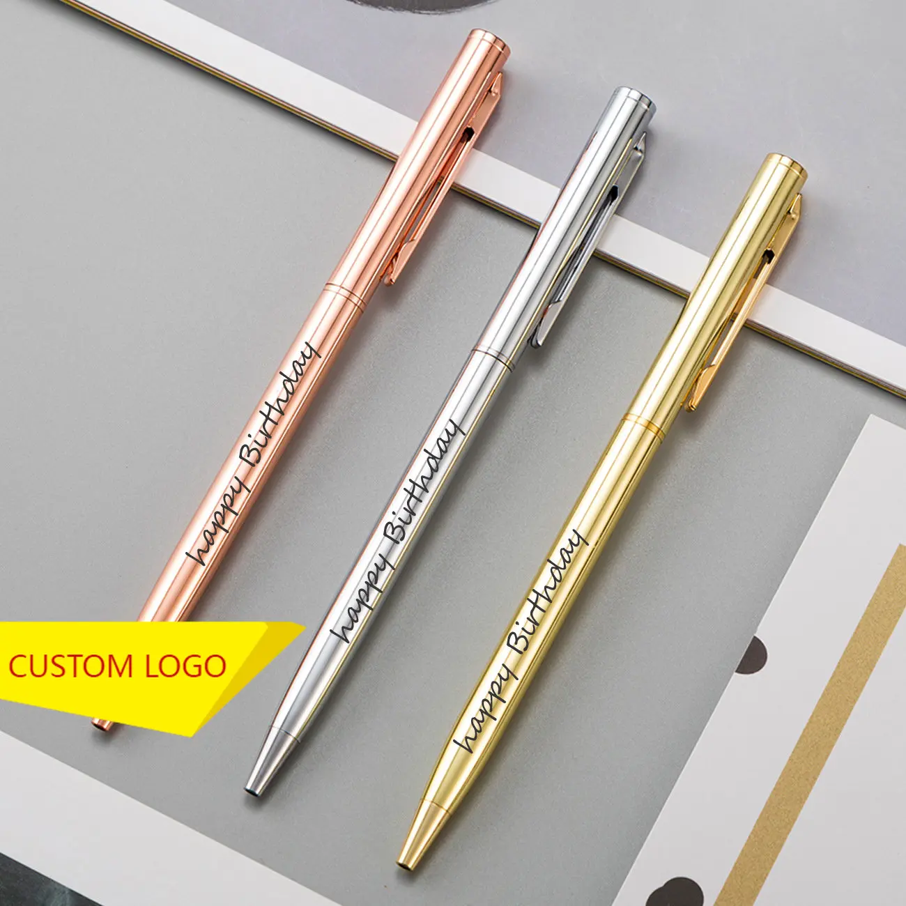 

100Pcs/Lot New Slim Metal Ballpoint Pens Rose Gold Custom Logo Advertising Lettering Engraved Name School Office Supplies Gifts