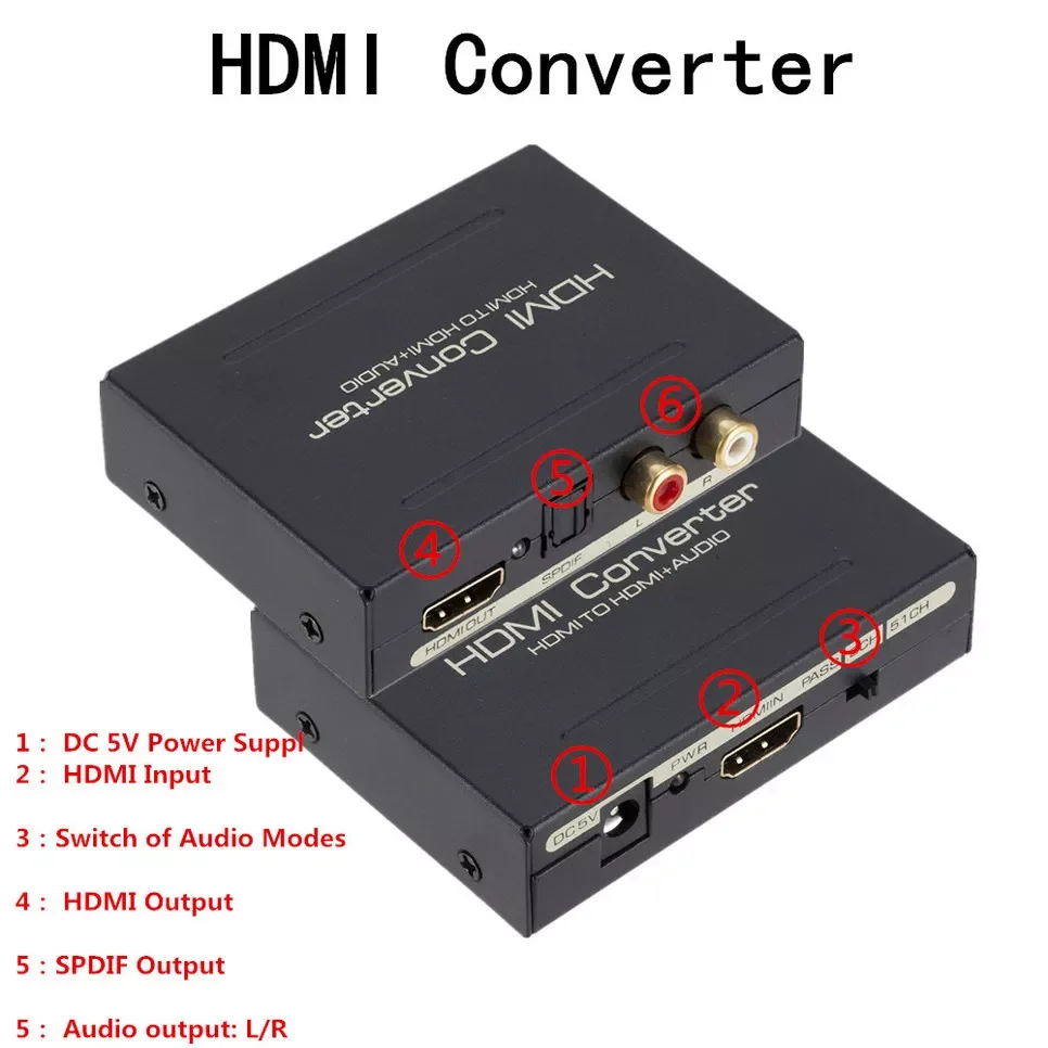 

2022 Audio Extractor Converter 5.1CH HDMI-compatible Audio Splitter 1080P Stereo Analog HDMI-compatible Optical SPDIF RCA L/R Ad