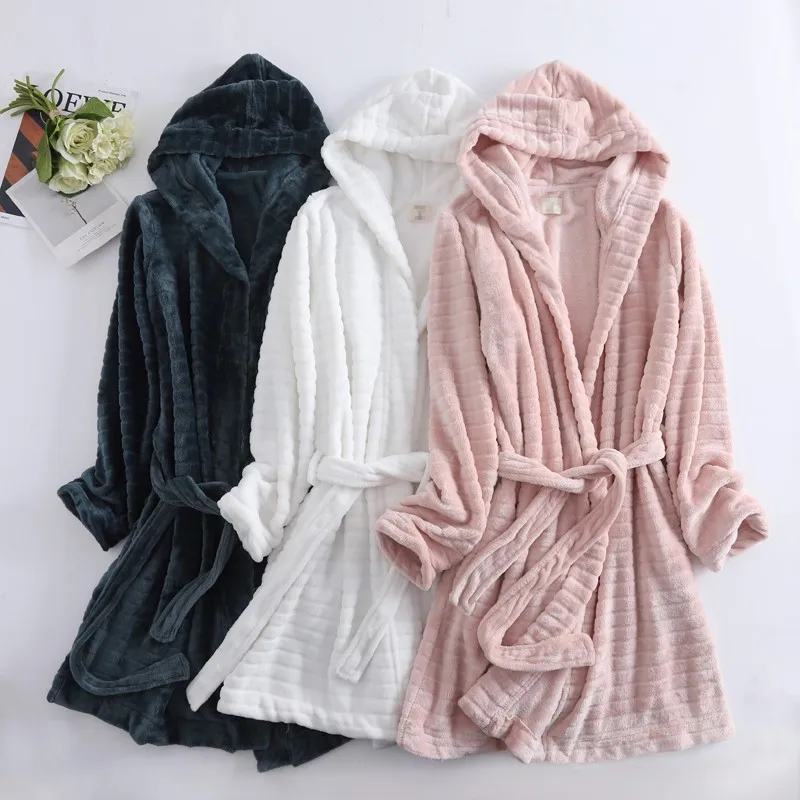 Ladies Nightdress Simple Warm Long Skirt With Hat Fleece Pink Nightgown Leisure Wear Robes