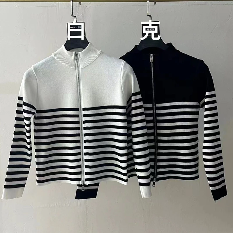 Шерстяной вязаный кардиган женский полосатый эластичный на молнии с длинным