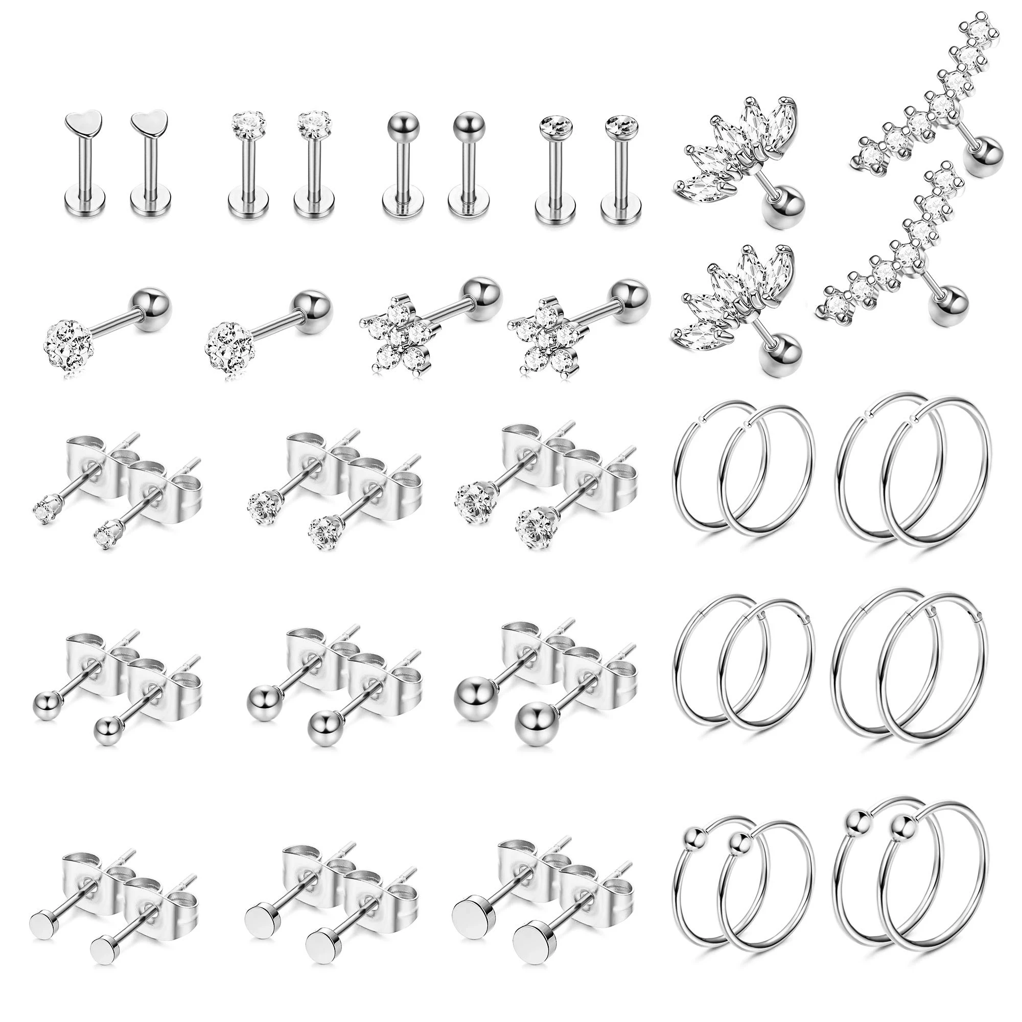 

23 пары 16 г серьги-гвоздики в форме сердца, цветка, пера, искусственного хряща