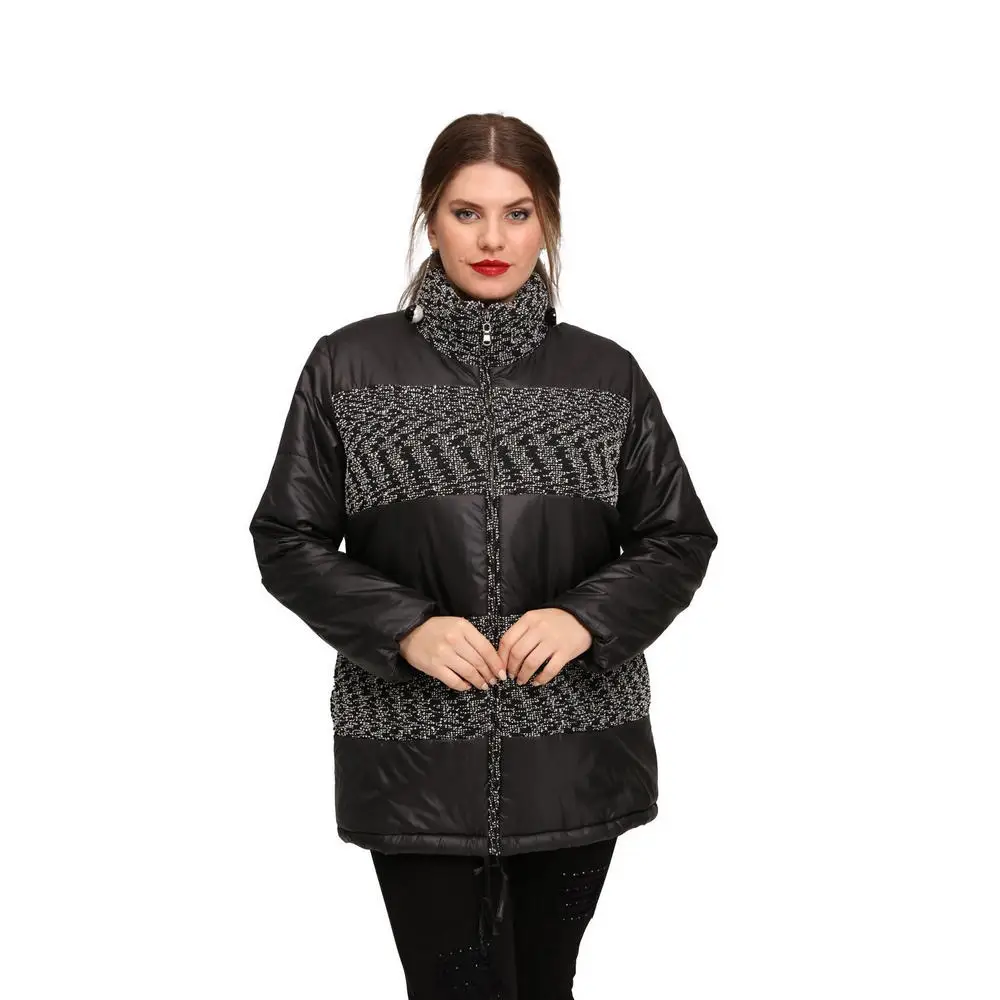 

F1812women large size coat Lm46030 upright collar zipper closure long sleeve inflatable Knitwear combine sports pocket light black