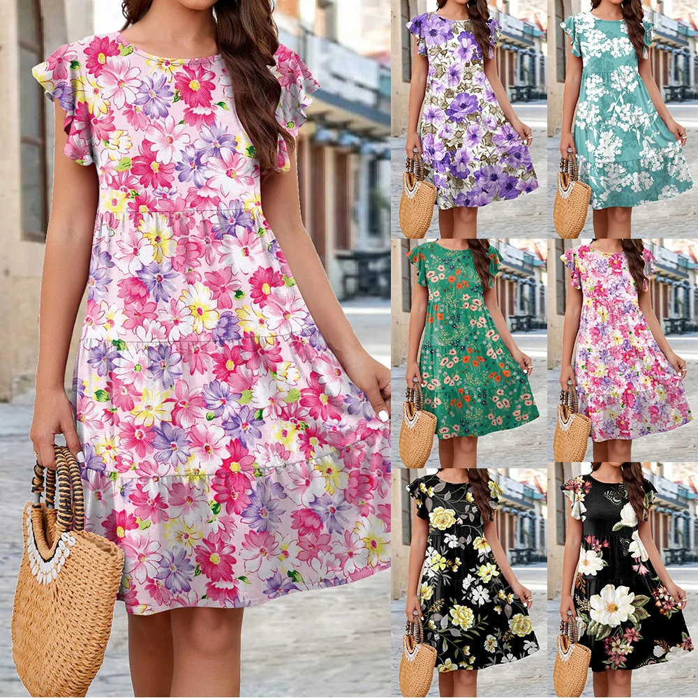

Летние повседневные стильные платья с цветочным принтом и оборками на рукавах, прекрасное женское платье для девочек, трапециевидная женская одежда принцессы