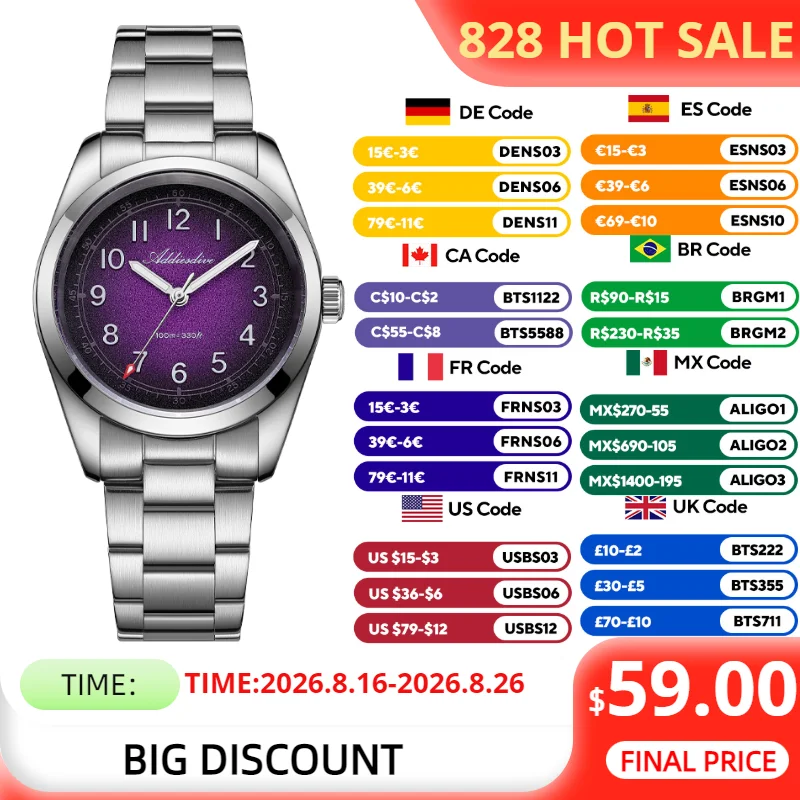 Фото ADDIESDIVE GMT 515-24H Кварцевые часы для женщин, новые, роскошные, 36 мм, водонепроницаемые до 100 м, спортивные, светящиеся, деловые, дайверские, стальные, женские часы №1