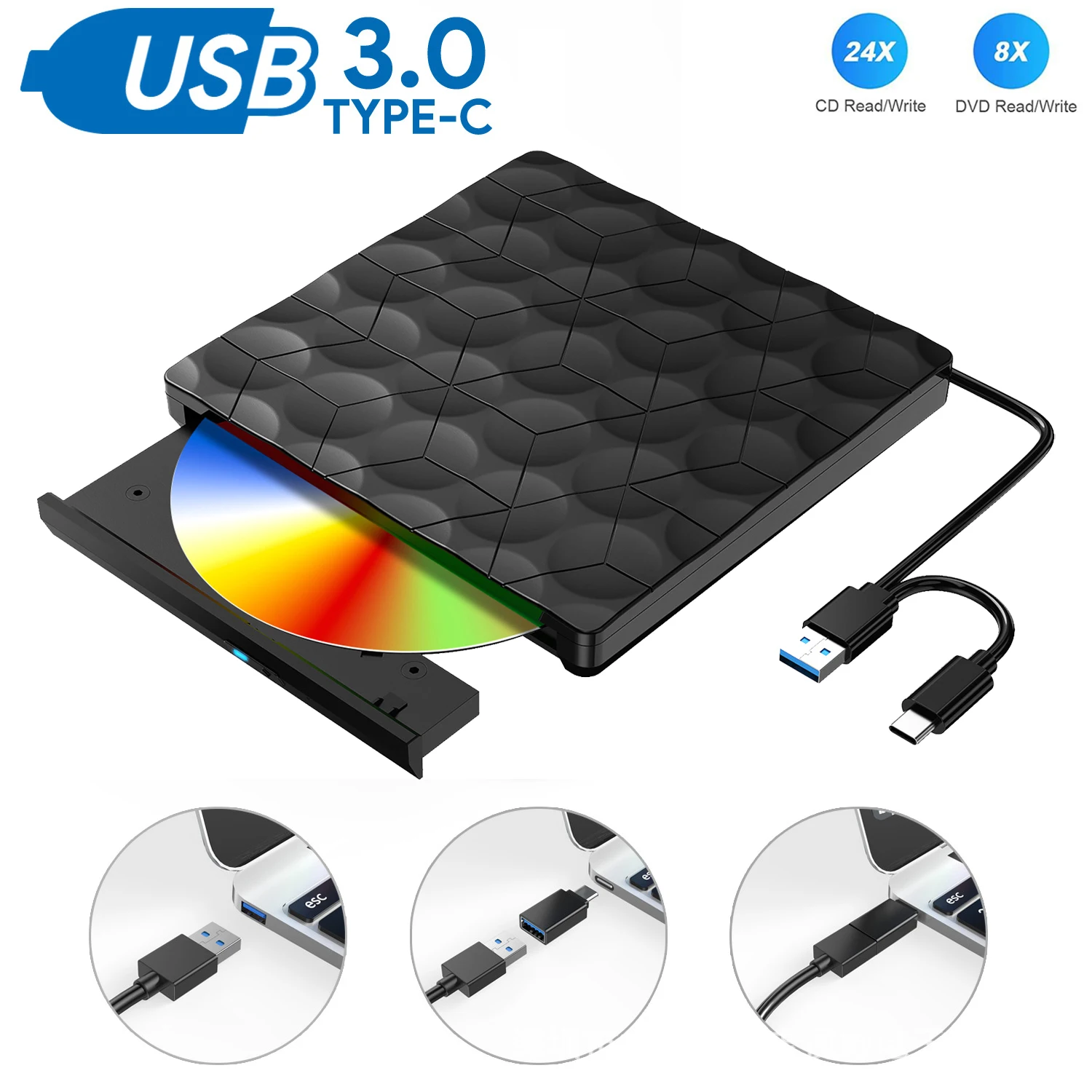 

External DVD Player USB3.0 Type-C CD DVD Burner and Reader for Laptop Desktop PC Mac Windows Linux iOS Media Player