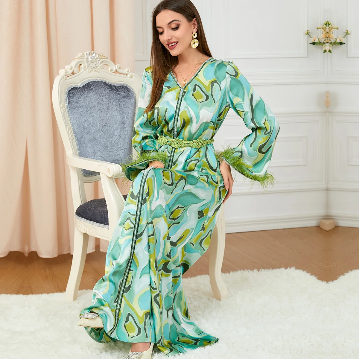 Women Spring and Summer Camouflage Green Feather Sleeve Long Skirt Turkish Indian Abaya Arab Islamic Women Moroccan Kraftan Gown