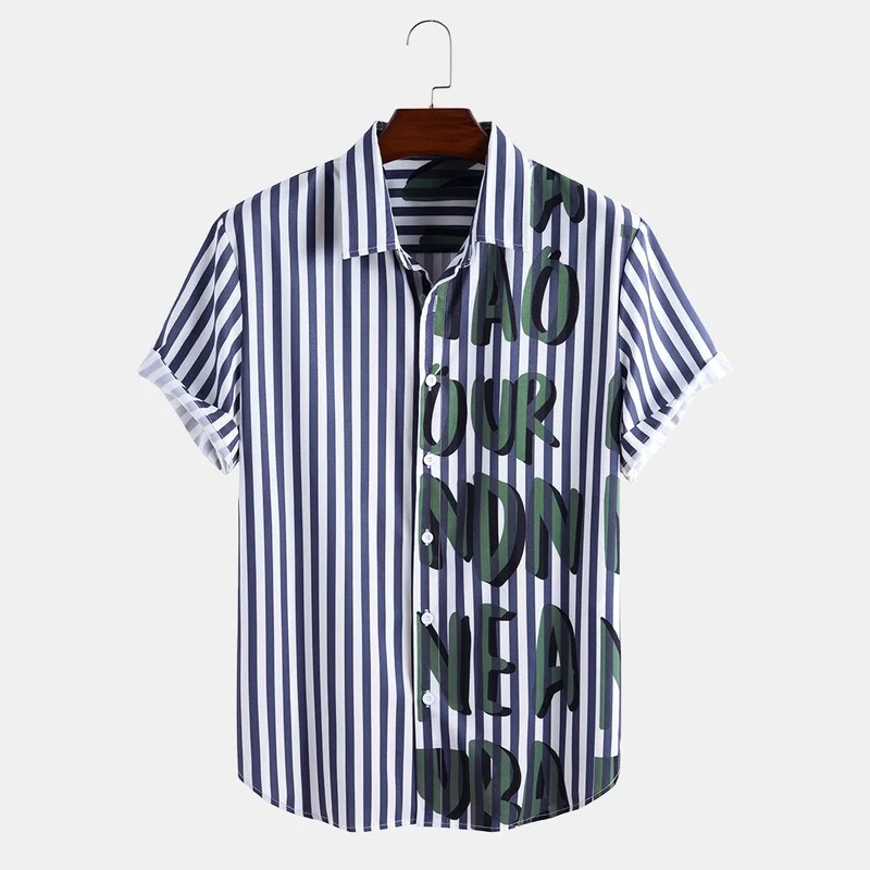 

Shirts for Men 2022 Summer New Short Sleeve Men's Striped Text Print Casual Men's Short Sleeve Shirts Men Clothing