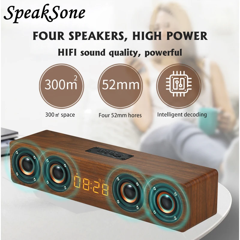 Enlarge Wooden Computer Speakers Wireless Bluetooth 5.0 Speakers alarm clock 4 Speakers Sound Bar TV Echo Wall Home Theater Sound System