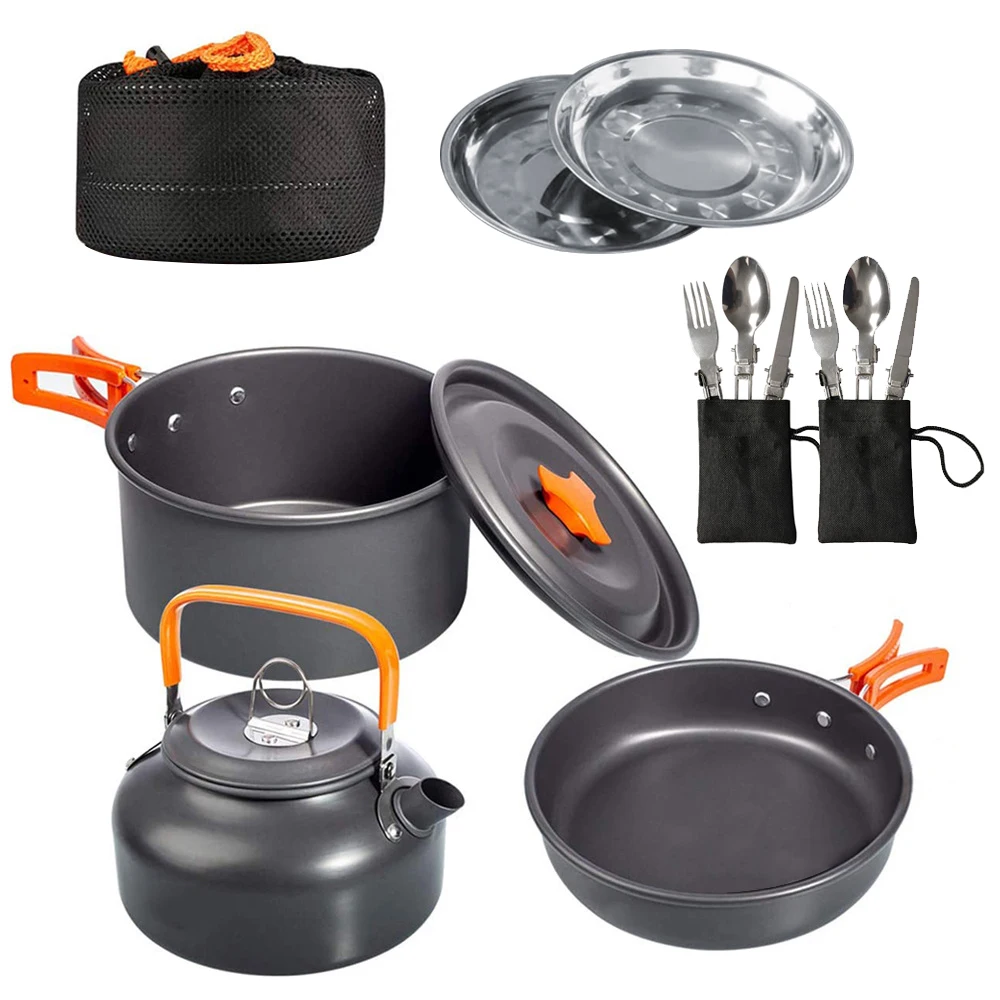 

Outdoor Cooking Cookware Set 16pcs Picnic Pot Set Nesting Camp Cook Set Camping Hiking Mini Flatware Backpacking Pans Tableware