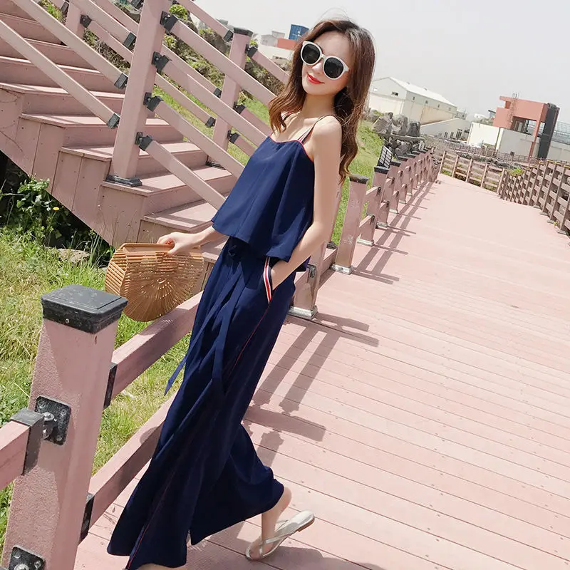 

2022 Women's Summer New Two-piece Sets Female Short Chiffon Sleeveless Tops and High Waist Wide-leg Pants Ladies Suits R156
