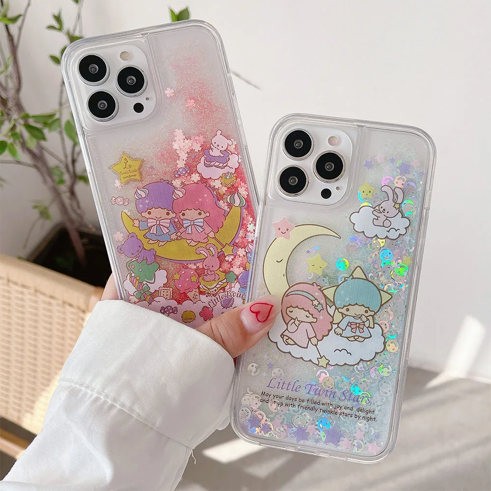 

For iPhone 13 Pro Max Liquid Hard Phone Shell For iPhone 12 11 6 7 8 Plus X XR SE Cases Dynamic Quicksand Cute Twin Stars Cases