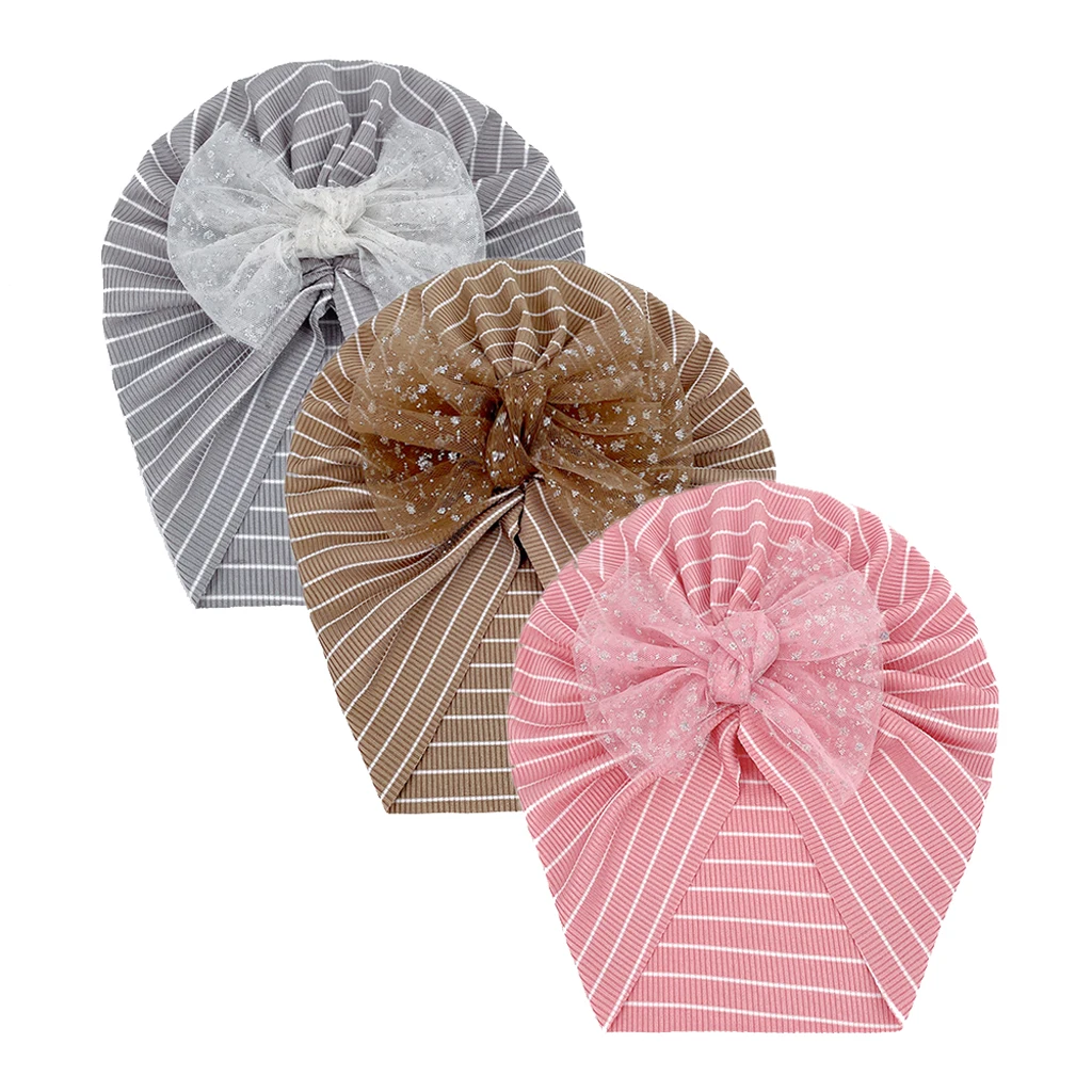 

2022 NEW Lovely Lace Bowknot Baby Turban Hat Cute Striped Baby Girls Hat Spring Autumn Soft Newborn Infant Cap Beanies Headwraps