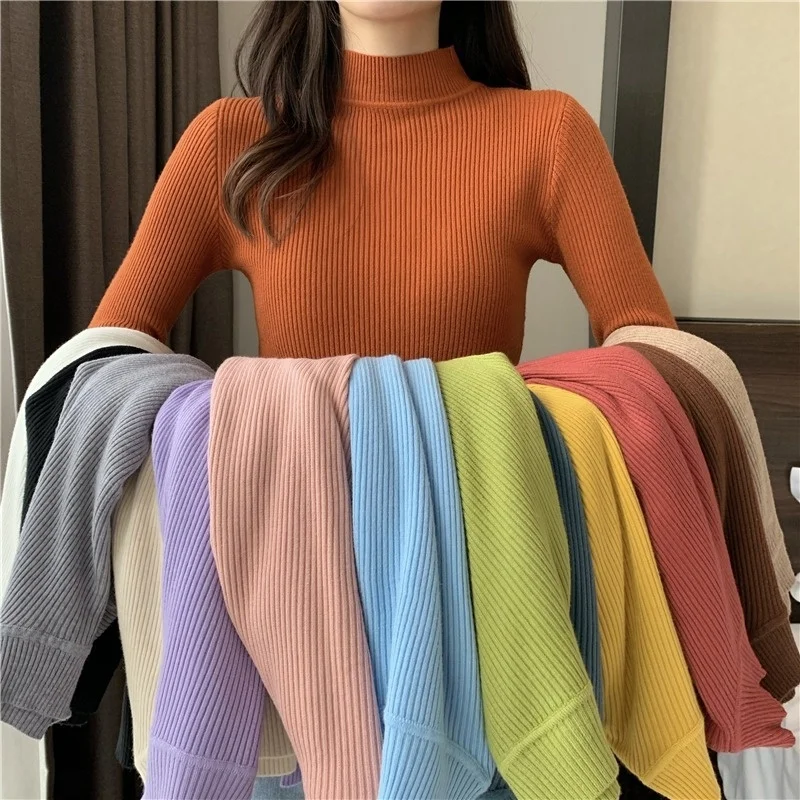 

Jocoo Jolee 2023 Autumn Basic Bottoming Sweater Top Women Ribbed Soft Mock Neck Elastic Pullover Warm Solid Color Slim Jumper