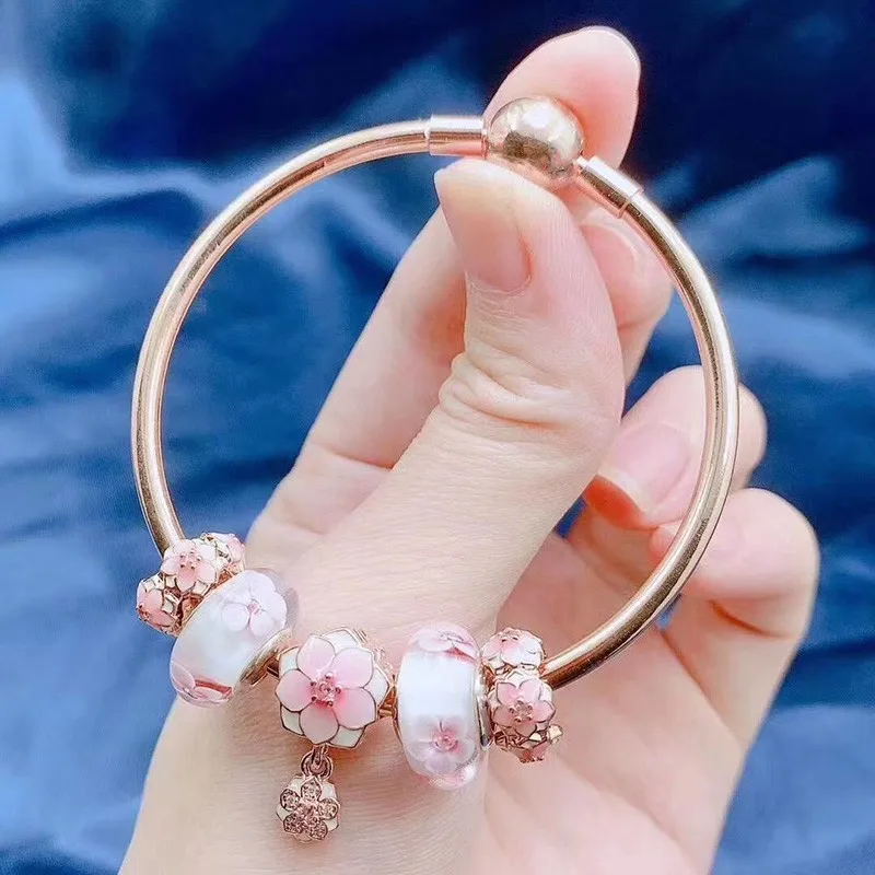 

925 Sterling Silver Exquisite Peach Blossom Series With Rose Gold Round Button Bracelet Fit Original Pan Charm Diy Jewelry