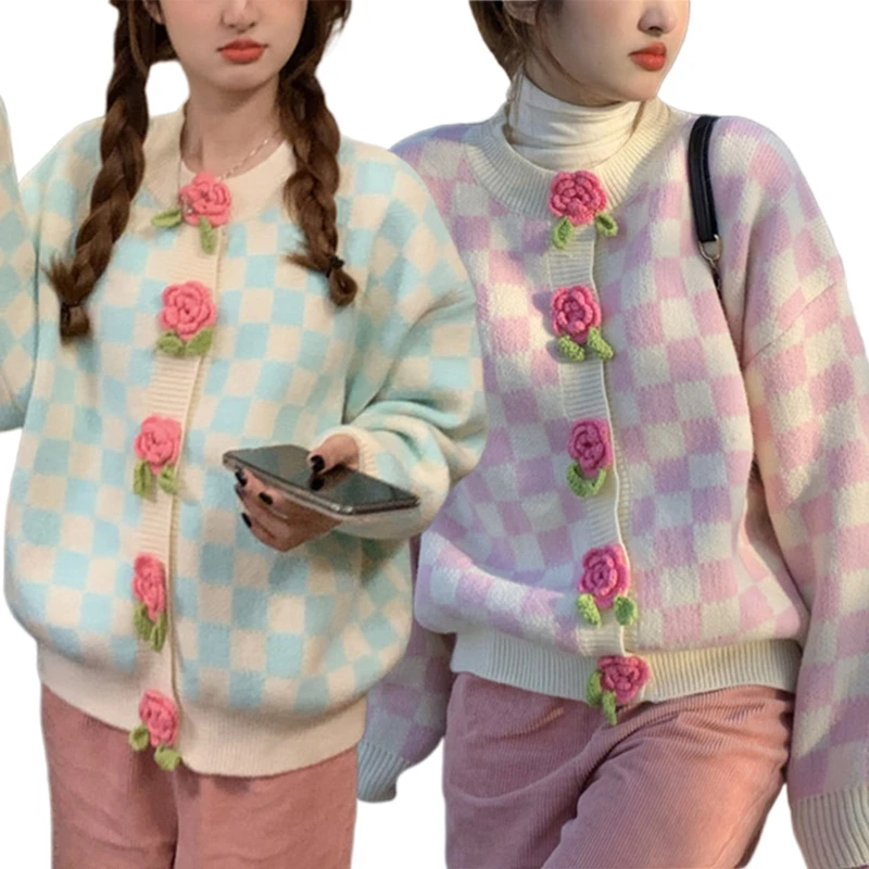 

Women's Checkered Cardigans Fashion 3D Flower Knitted Sweater Stylish Plaid Cardigans Thicken Knitwear for Fall Winter