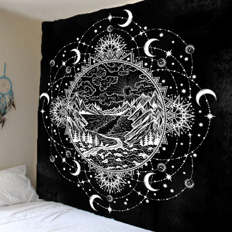 

Witch Sun Moon Starry Sky Tapestry Psychedelic Art Chinese Flying Crane Flower Home Room Bedroom Decorative Tapestry