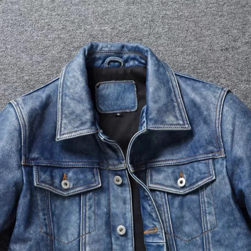 Men's Motorcycle Leather Jacket Light Blue Ami Khaki Retro Graphite Distressed Denim Genuine Slim Short