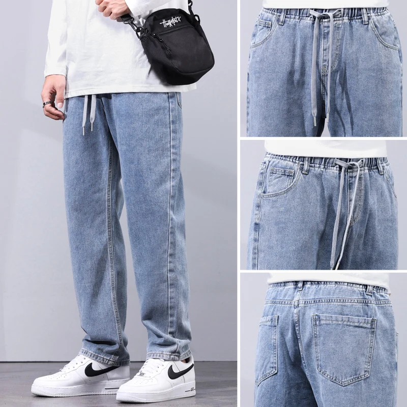 

KSTUN Loose Fit Jeans Men Baggy Pants Light Blue Wide Leg Elastic Waist Casual Denim Pants Male Long Trousres Men's Clothing