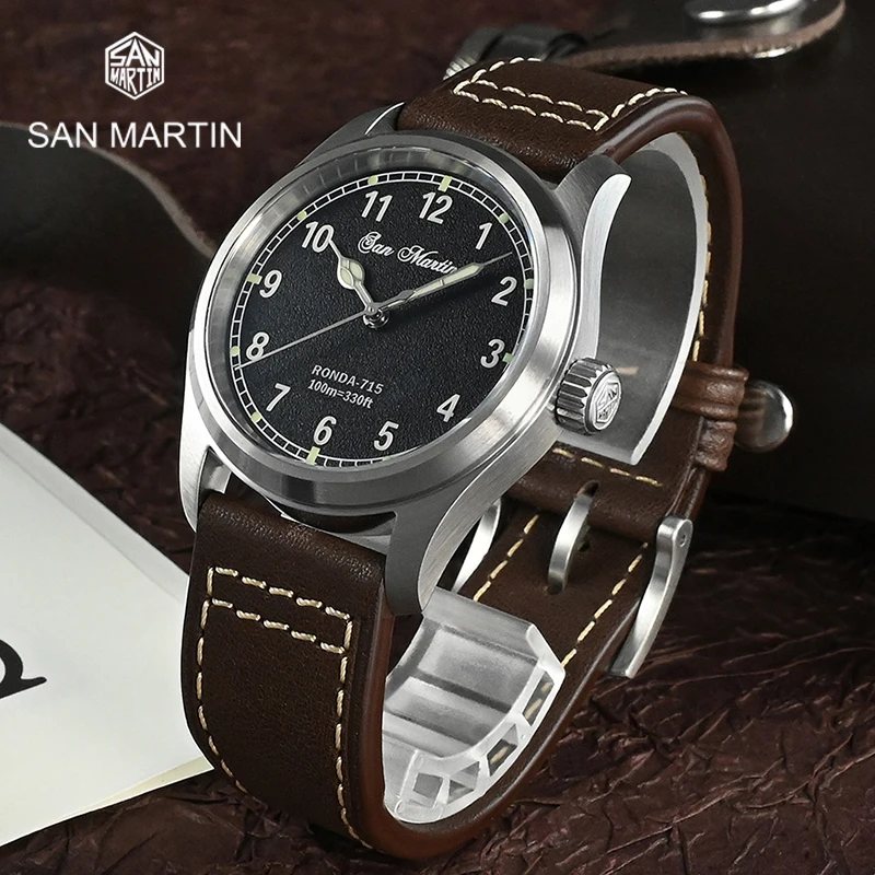 

San Martin SN034G 37mm Pilot Military Мужская фотосессия 715 кварцевая искусственная сталь C3 + Фотолюминесцентная