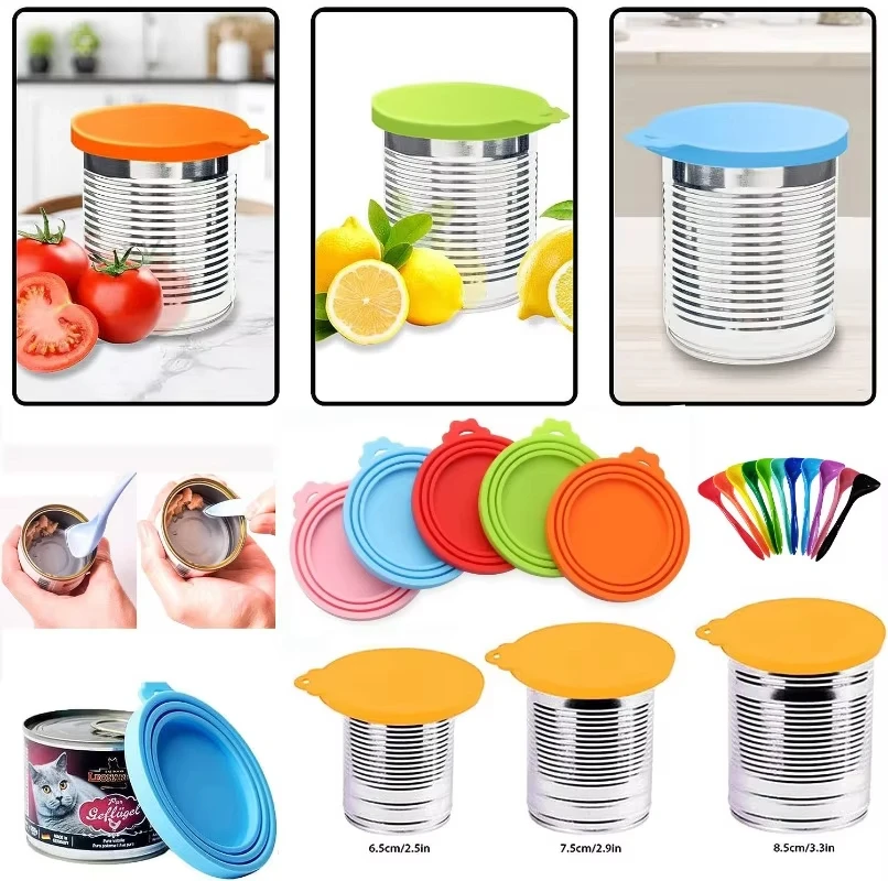 2PCS/set Reusable Pet Food Can Cover Silicone Dogs Cats Storage Tin Cap Lid Seal with Spoon