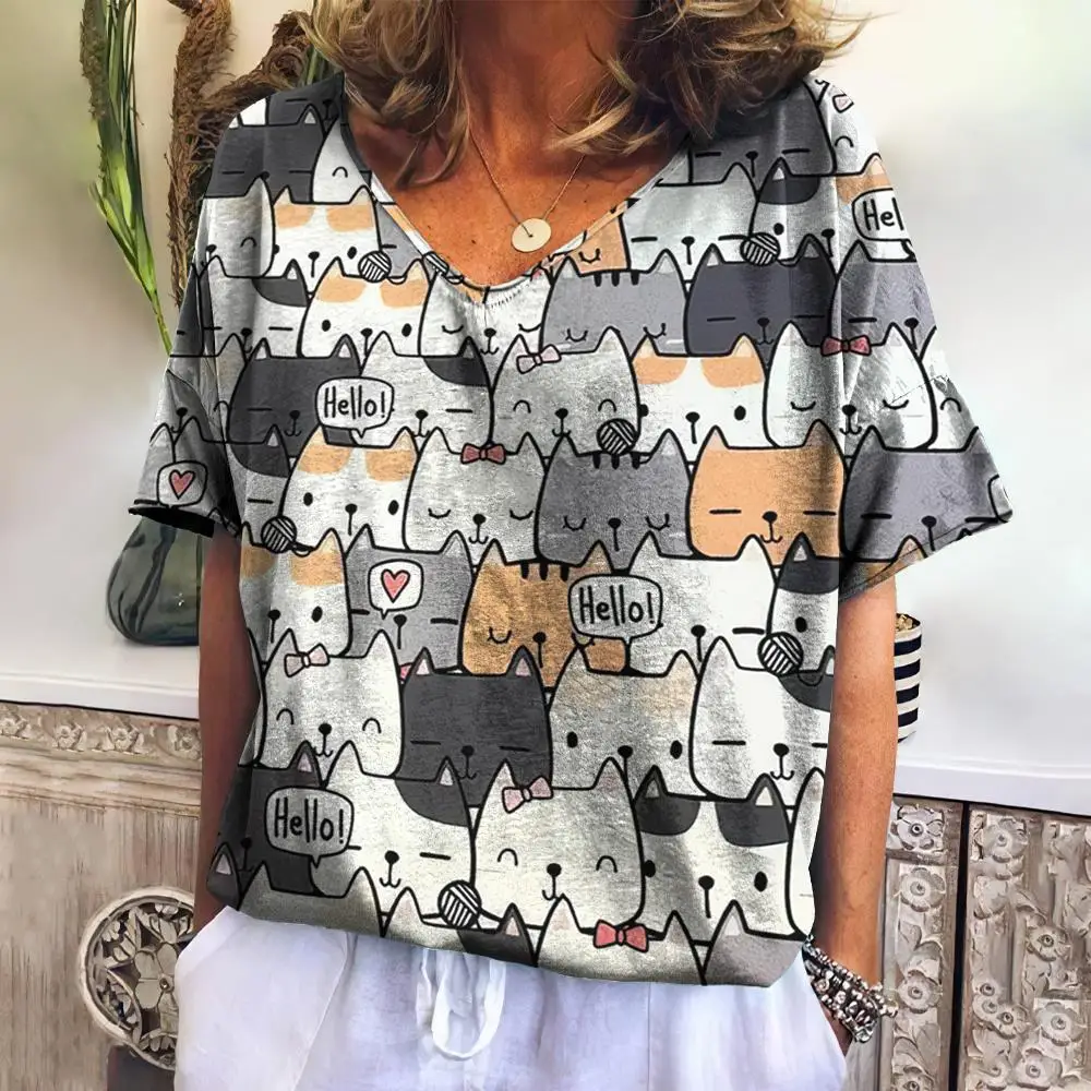 

Женская футболка с коротким рукавом, V-образным вырезом и принтом