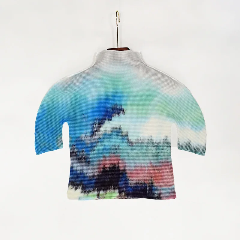 

Miyake pleated women's top long-sleeved mid-sleeve half turtleneck temperament spring and summer new thin T-shirt