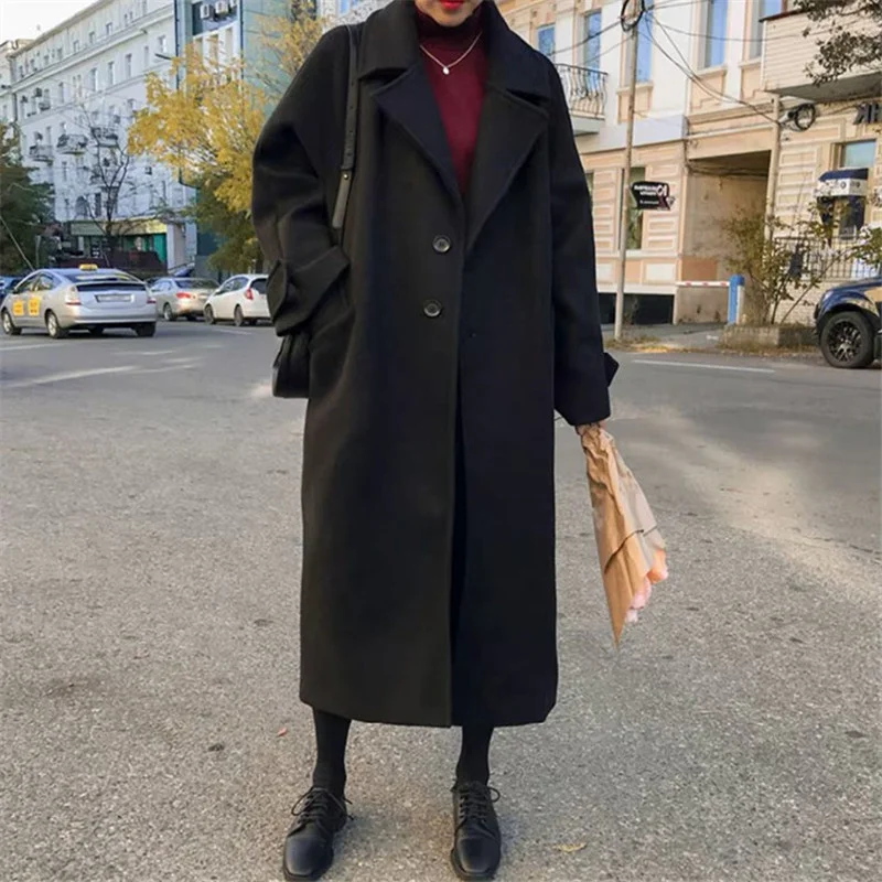 

Женское шерстяное пальто, корейское черное шерстяное пальто, женская модная длинная свободная модная куртка, осень и зима 2022