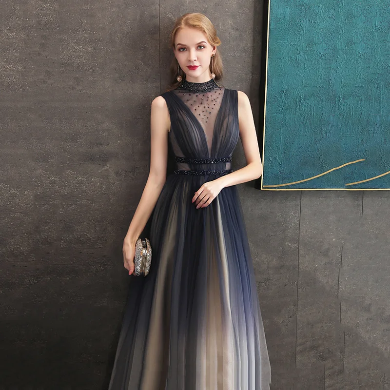 

Blue Evening Dress Stand Collar Sleeveless Beading Tulle A-line Floor-length Women Party Wear Elegant Slim Ladies Prom Gown