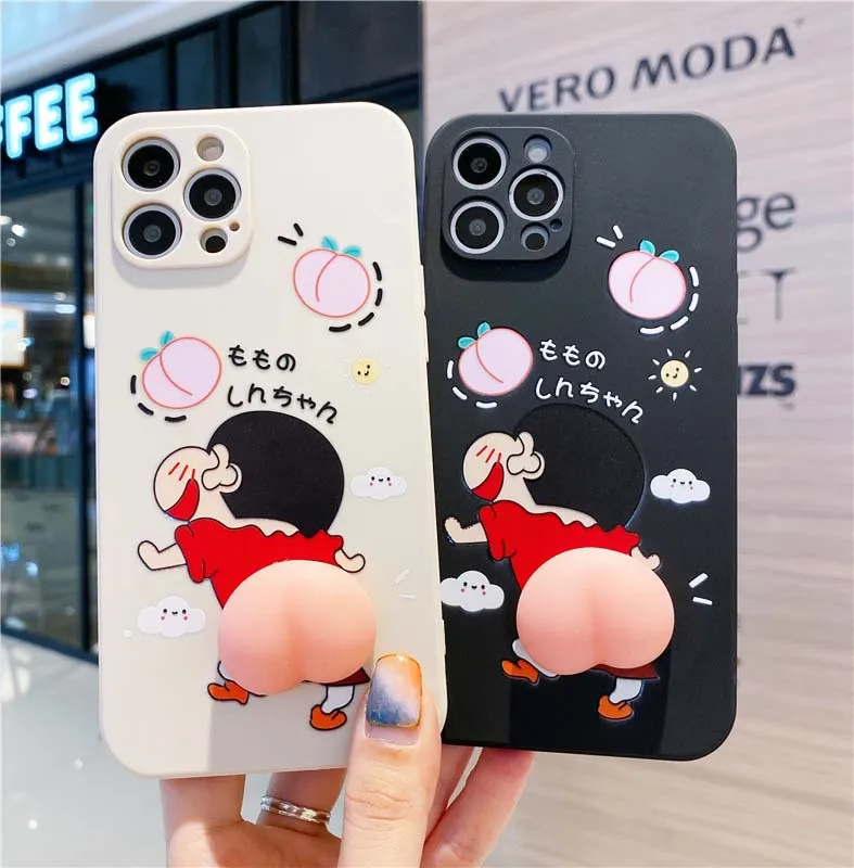 BANDAI 3D Crayon Shin-chan Cute Anime Case for IPhone 11 12 13 Pro Max X XR XS 7 8 Funny Butt Protection Shell Cover Wholesale