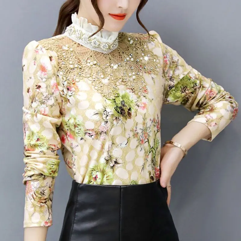 

Commute Gauze Spliced Slim Shirt Spring Autumn New Fashion Beading Diamonds Female Elegant Lace Hollow Out Casual Floral Blouse