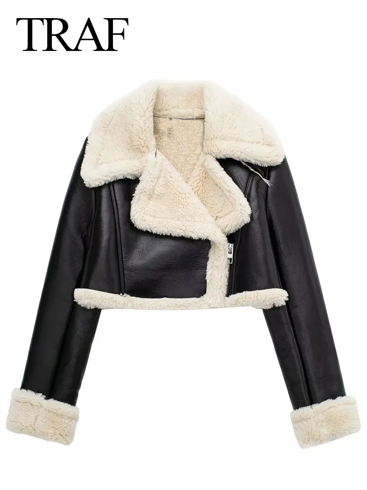 

TRAF Winter Women's Street Fashion Personality Faux Shearling Cropped Coats Vintage Lapel Motorcycle Jacket Warm Outerwear
