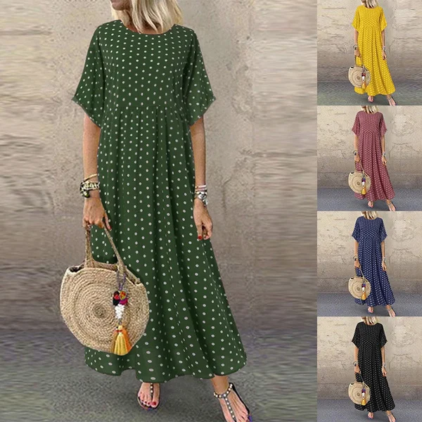 

Vintage Maxi Dress Women Summer Half Sleeve Polka Dot Printed Long Dresses with Pocket Casual Loose Big Swing Dress Ropa Mujer
