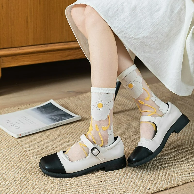 1pair Sock Women's New Fashion Spring Flower Cotton Casual Breathable Thin Transparent Women Crew Socks Trendy Cute High Quality