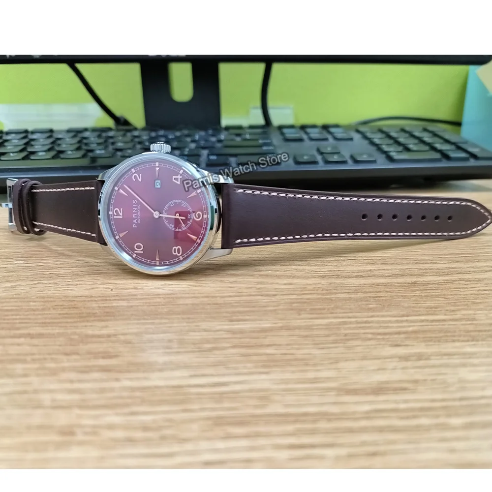 Мужские часы Parnis 41 5 мм с автоматическим механизмом красным циферблатом