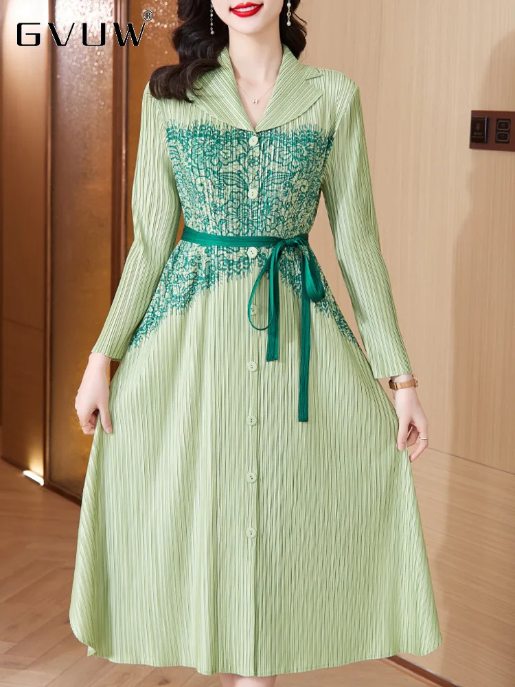 

GVUW Pleated Dress For Women Lace-up Single Breasted Turn-down Collar Long Sleeve Loose 2023 Autumn Female New Clothing 17J1362