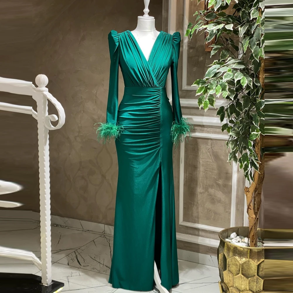 

Carolina V-Neck Satin Evening Dresses Women Saudi Arabia Elegant Feathers Split Vintage Wedding Guest Elegant Formal Party Gowns
