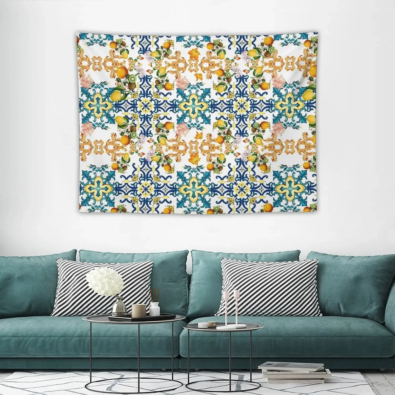 Сицилийская винтажная синяя плитка с рисунком лимона и киви скандинавский Декор