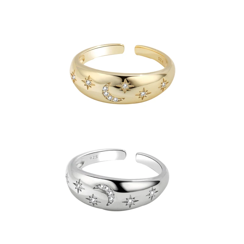 

European and American Stars and Moon Rings Fashion All-match Open Geometric Zircon Gold Silver Ring for Women Popular Jewelry