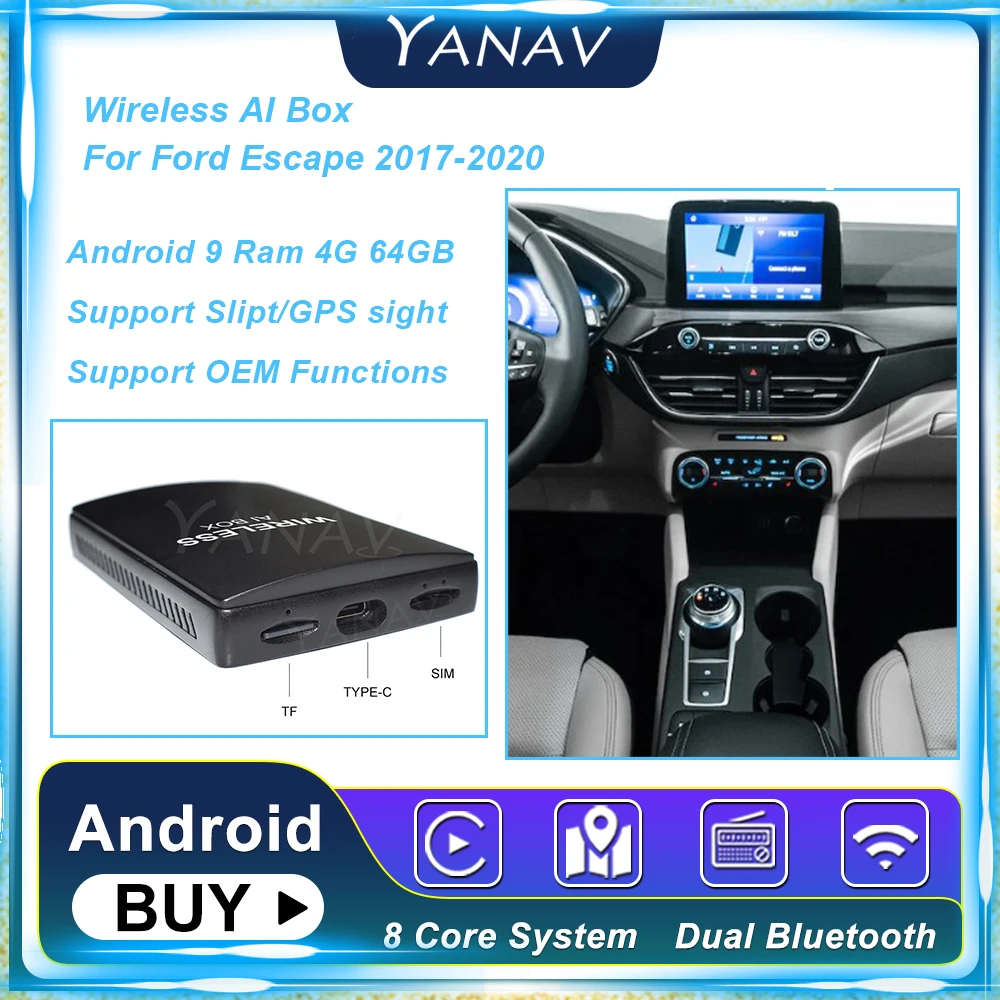 Автомобильная Беспроводная ИИ-приставка на Android для Ford Escape 2017-2020 9 4 ГБ 64
