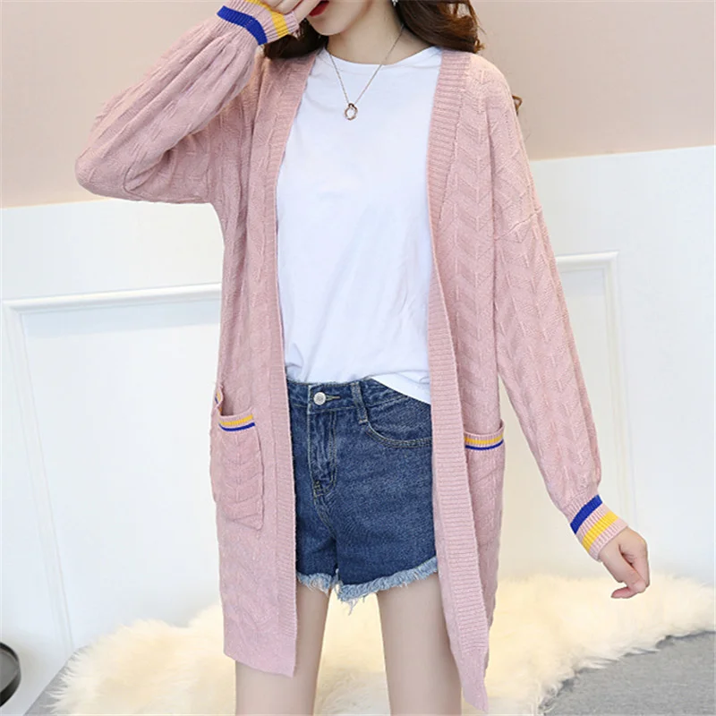 

Winter Autumn V-Neck Sleeve Big Pocket Long Sweater Cardigan Women Korean Fashion 8 Color Student Knitted Sweaters Female