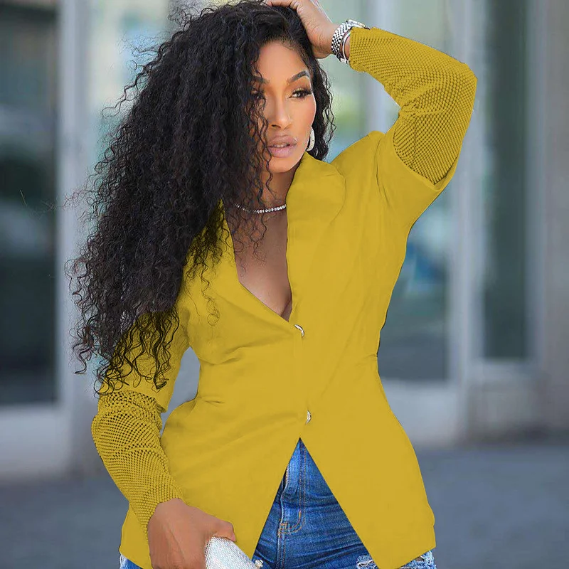 

Hollow Transparent Sleeve Blazer Solid Colors V-Neck Single Breasted Casual Office Blazer 2021 Summer Street Jackets New Fashion