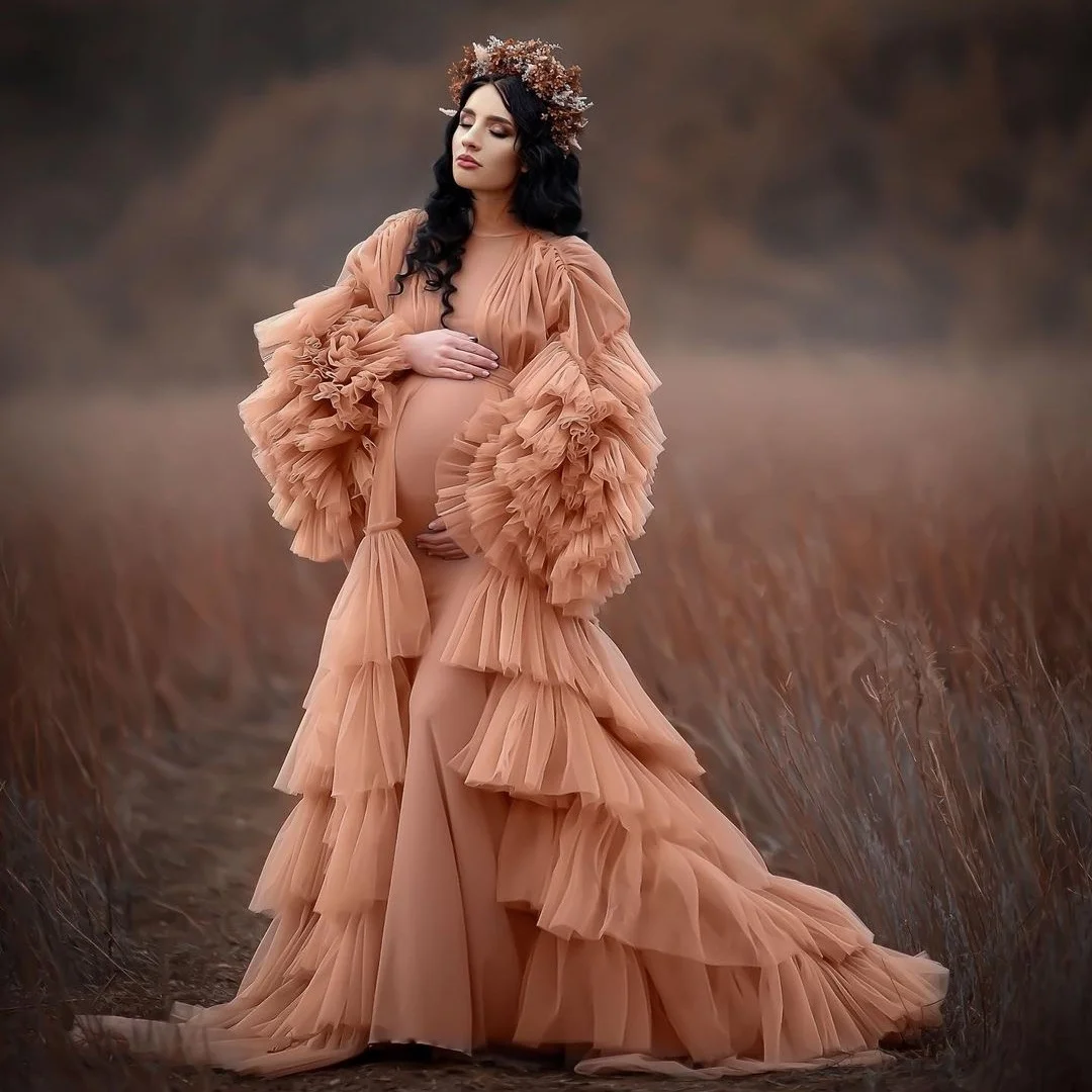 

One Piece Tulle Prom Dresses for Bride Nightgowns Tiered Ruffle Photoshoot Robes Long Sleeve Party Celebrity Dress