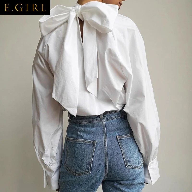 E GIRLS 2022 Spring Basic Blouses Women Japan Girls Bow Bandage White Shirt Sleeve Solid Chic Korean Tops Office Lady Blusas