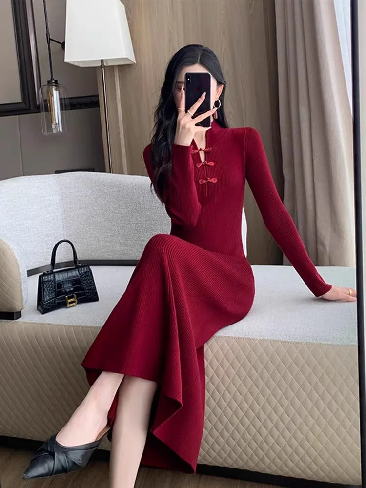 Ozhouzhan осенне-зимнее новое улучшенное длинное платье рыбий хвост светское вязаное