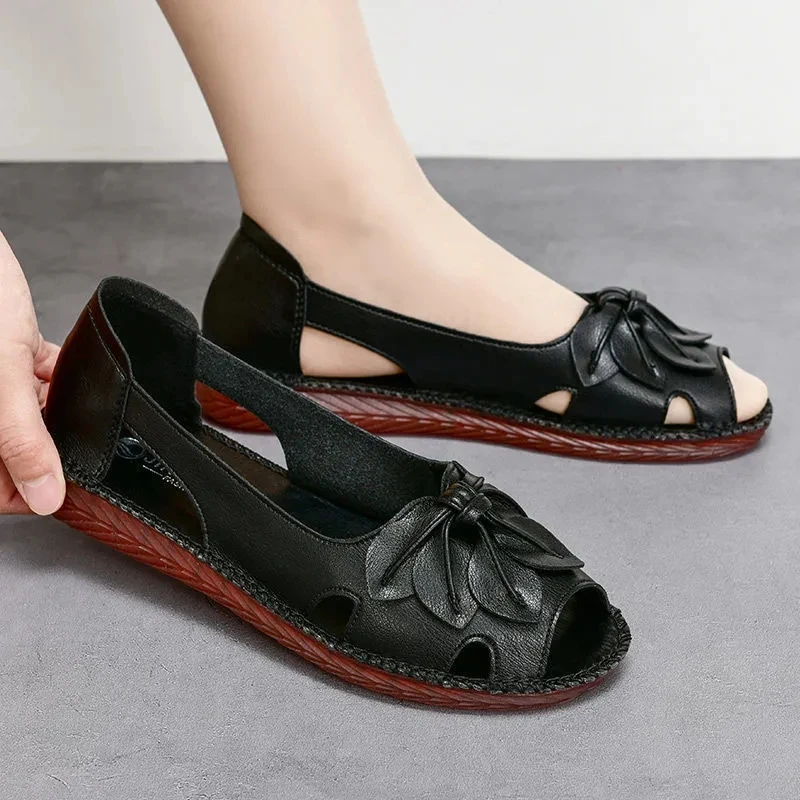Plus Size 42 Women Shoes Fashion Peep Toe Slip On Sandal Loafers Shoes Ladies Leather Wedge Flats Mom Comfort Walking Shoe