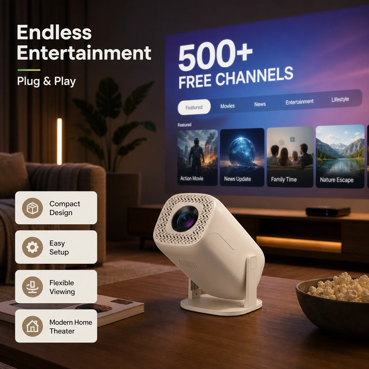 Фото 2026 V2 Нативный 4K Smart мини-проектор, LED, двойной Wi-Fi, Bluetooth, более 500 телевизионных каналов в 80+ регионах, домашний кинотеатр с низким уровнем шума №3